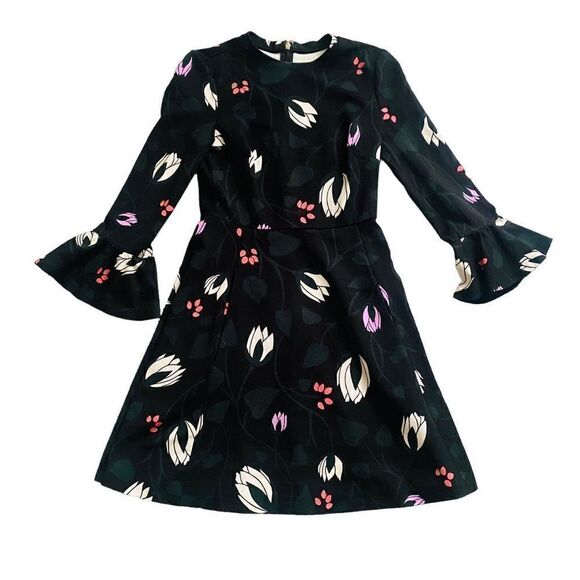Kate Spade Long Bell Sleeve Floral Print Mini Dress Black Stretchy XXS Zip AG23 - Picture 12 of 13